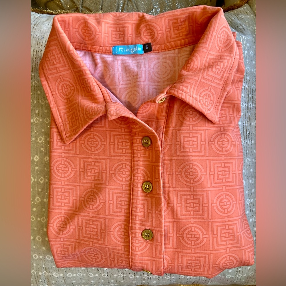 NWT J.McLaughlin Catalina Cloth Coral Geometric 3/4 Gold Button-Front SS Polo S - Picture 5 of 16